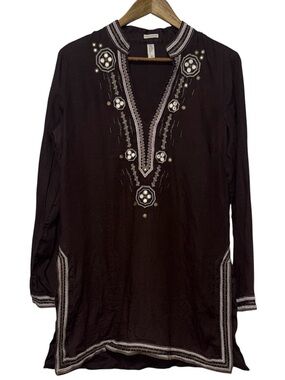 Vintage Old Navy Brown 100% Linen Long Line Tunic Top Women’s Large Embroidered